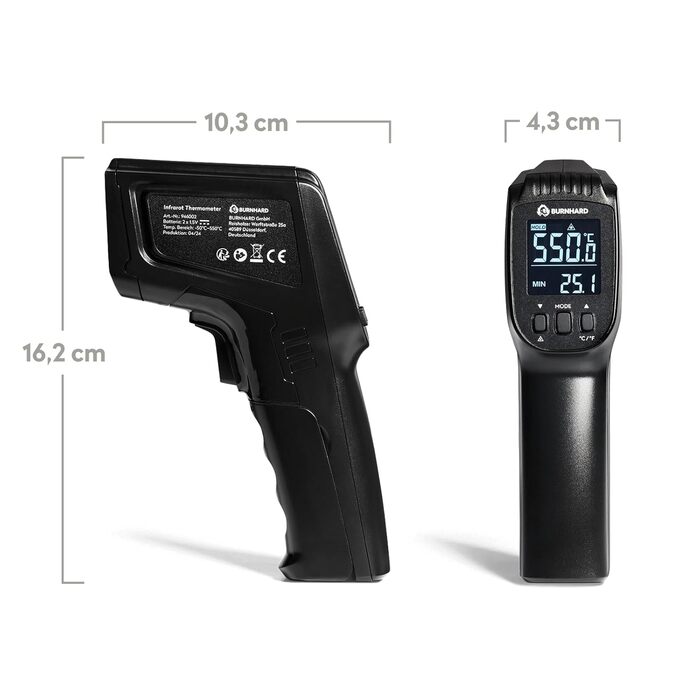 Інфрачервоний термометр BURNHARD з подвійним лазером, -50 – 550 °C, з функцією утримання, регулюванням випромінювання, для піцокаменів та грилів