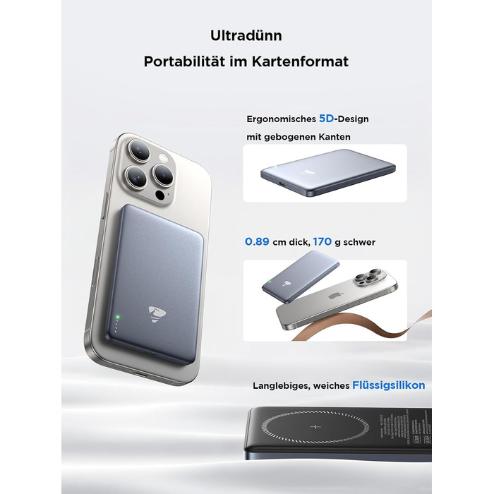 Power Bank MagSafe 5000mAh з бездротовою зарядкою 15W та USB-C, 20W PD, Gray - для iPhone, AirPods