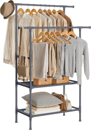 SONGMICS Стійка для одягу металева, з 2 перекладинами та 2 полицями, біла, до 70 кг, RDR02WT (Сірий)