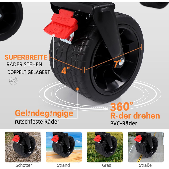 3 в 1 вагончик-тележка складний з гальмами, 150л, 136кг, чорний