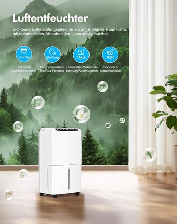 Електричний осушувач повітря 12л, тихий осушувач для дому з функцією сушіння білизни, Smart-режим, автоматичне регулювання вологості, 1м шланг, 24H таймер, для квартири до 120 м², гарантія 10 років