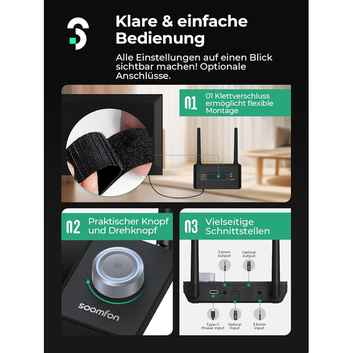 SOOMFON Bluetooth 5.3 Передавач-Приймач для 2 навушників, 3-в-1 Аудіоадаптер з подвійною антеною, Bluetooth Передавач-Приймач для ТВ/Стереосистеми, з регулюванням гучності, Aux/Cinch/Оптичний
