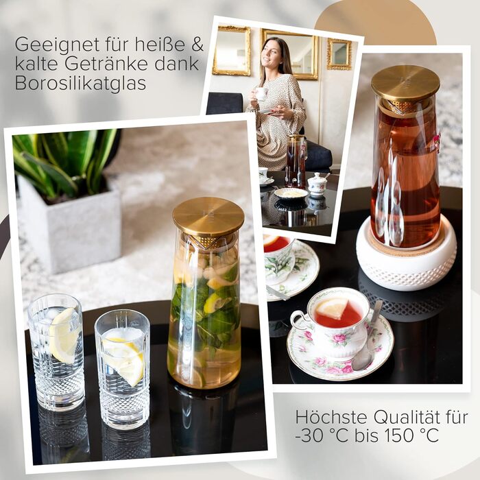 Glass Giraffe with Lid | Water Carafe 1.5 Liter | Glass Jug with Lid | Leak-proof & High Quality | Glass Carafe ideal for Lemonade, Water & Tea (GOLD/GOLD)