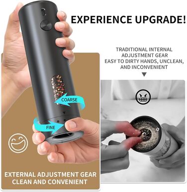 Електричний набір для солі та перцю з зарядною станцією, об'єм 110 мл, перезаряджувана солянка з 5 рівнями, керамічна млинка з щіткою (1 шт. чорний)