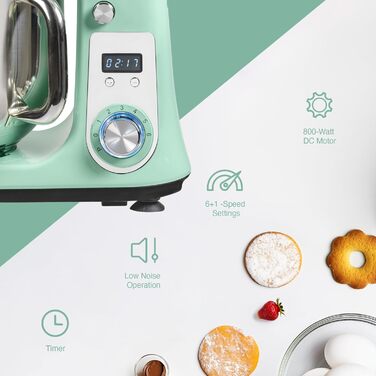 Кухонна машина Bestron Super Silent (65db) 4-в-1 з DC-двигуном, 6 л чаша, гак для тіста, вінчик, лопатка, 6 швидкостей + Pulse, м'ятний колір