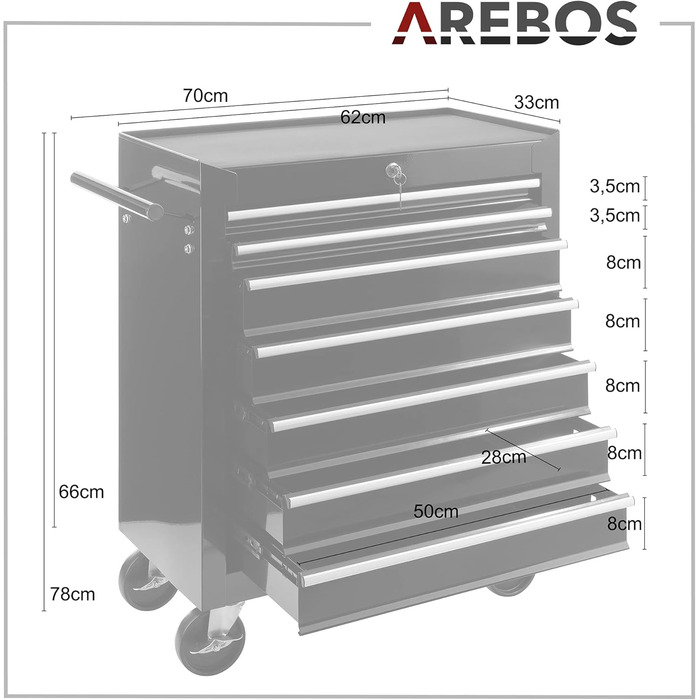 Arebos 7-Drawer Tool Cart with Central Lock