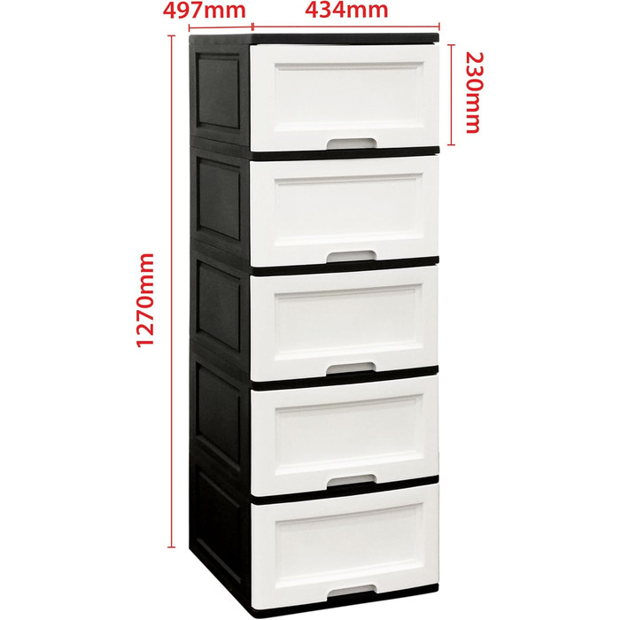Chest of drawers 44x50x127 cm with 5 large XXL drawers, 40 liters per drawer, featuring fronts in beautiful candy colors and a modern look. Made from recyclable PP plastic (Black / White, Pine) for the environment.
