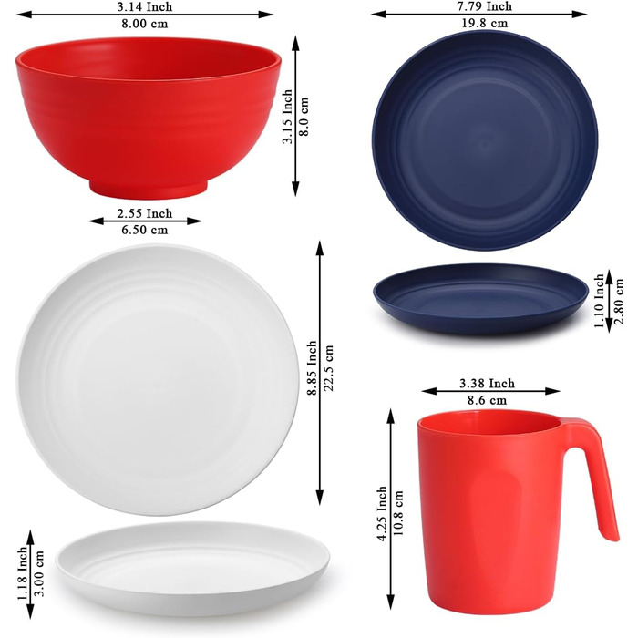 Набір посуду Berglander 24 елементи (6 персон) з пластику: тарілки, миски, чашки для дому, саду, пікніка