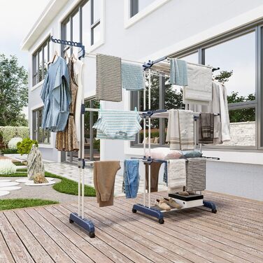 Сушарка для білизни 3-ярусна, турбо-тип, 75-200см, висувна, з 2 обертовими крилами, висота 180см, економна, на колесах для квартири, балкону та саду (сіра)