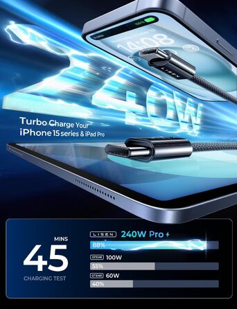 Кабель USB-C на USB-C 1м + 2м, 2 шт. LISEN 240W, для Samsung Galaxy S24 Ultra, MacBook Pro/Air, iPhone 17/16/15 Pro, iPad Pro/Air, чорний