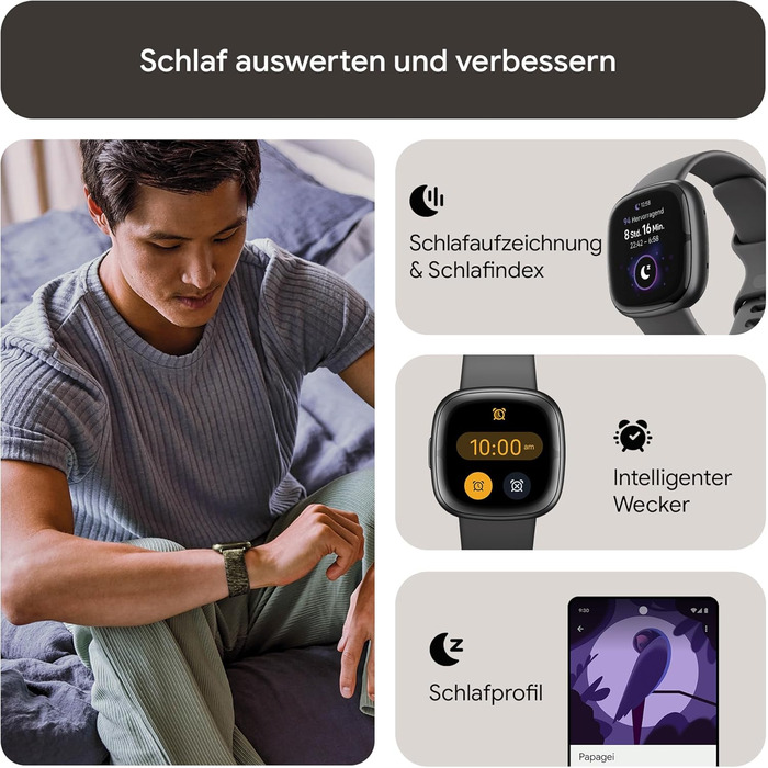 Fitbit Sense 2 – Розумний годинник для жінок та чоловіків – Фітнес-трекер з GPS, телефоном, аналізом стресу, ЕКГ та сном – сумісний з Android/iOS (Графіт / Алюміній)