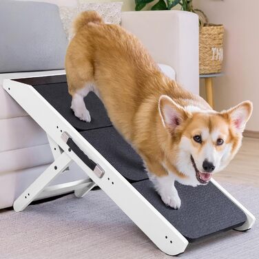 Сходинка для собак на ліжко та диван 2-в-1 - регульована пандус для собак, 18-50 см - для маленьких собак, легка у переміщенні, з платформою, натуральне дерево (білий дуб)