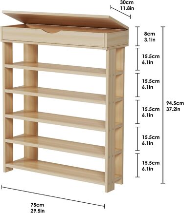 5-Tier Shoe Rack Shoe Cabinet Wood, 75 x 30 x 94.5 cm Shoe Storage Shoe Stand for Living Room, Entrance Hall, Hallway, (White Maple)