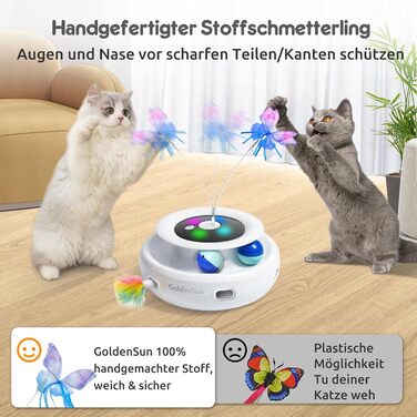 GoldenSun Cat Toy, 3-in-1 Electric Interactive Automatic Toy for Cats, Whack-A-Mole, Fluttering Butterfly, Includes Ball, USB Rechargeable Cat Teaser with 6 Attachments