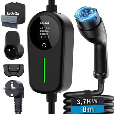 Кабель для зарядки електромобіля EzGoGo Type 2 Schuko 3.7 кВт 8м, LCD-дисплей, IP65, для EV/PHEV (IEC 62196-2)