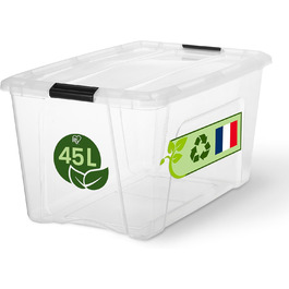 Iris Ohyama Storage Box with Lid, 6-Piece Set, Transparent, Snap Closures with Handles, Stackable, Strong & Durable, For Clothes, Garage, Home, Office, Plastic Box, Storage TB-45 (45L, x1)