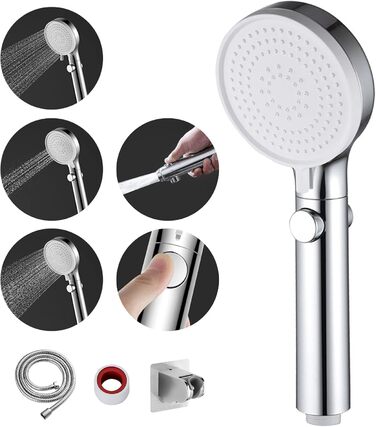 MIAOHUI Shower Head, Pressure-Boosting, Handheld Shower with 3 Spray Patterns, Water-Saving High-Pressure Shower Head with Water Stop Function, Shower Head with Hose and Teflon Tape (Chrome)