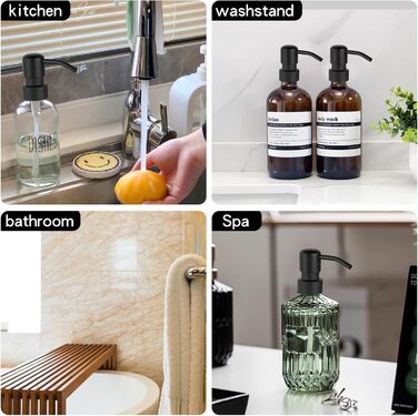 Дозатор для мила Suanti, 425 мл, з помпою з нержавіючої сталі, наповнюваний, квадратний, декоративний, для мила для рук, посудомийної рідини та лосьйону, стиль мармур (чорний)