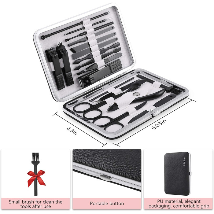 Набір для манікюру 19 предметів: професійний ніж для обрізання нігтів з нержавіючої сталі, чорний шкіряний футляр, портативний набір для догляду за нігтями для подорожей або дому, подарунок