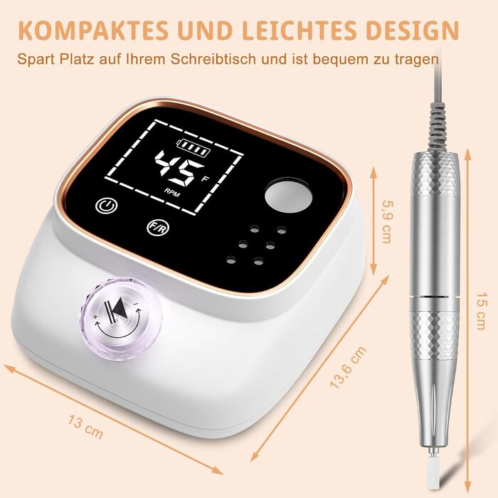 Електрична нігтьова пилка професійна 45000 об/хв з LCD-дисплеєм для гелю та акрилу, з фіксацією біт, набір для манікюру та педикюру, білий
