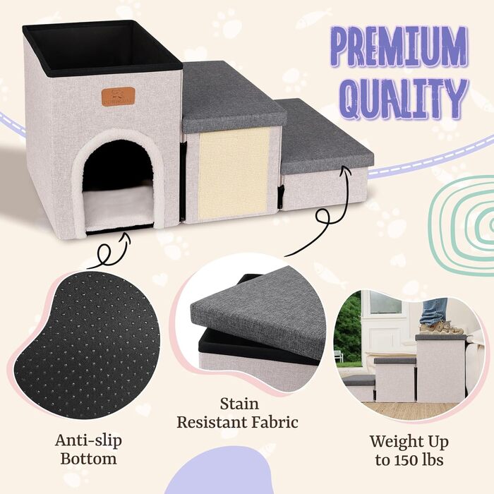 Сходинка для собак Downluxe: 3 сходинки для маленьких собак, з антиковзким покриттям, когтеточкою та гніздом (сіро-бежевий)