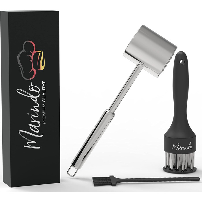 Набір Fleischklopfer Marindo: м'ясорубка, щітка для чищення та подвійний м'ясорубка з нержавіючої сталі | М'ясорубка, молоток для м'яса, мийка в посудомийній машині | М'ясорубка з 20 лезами з нержавіючої сталі
