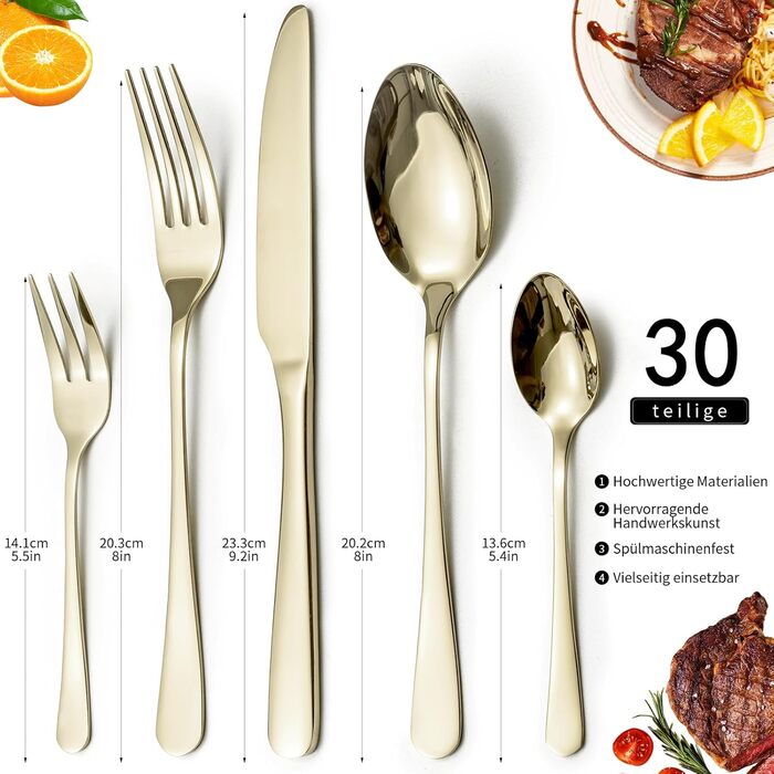 LAZAHOME Cutlery Set, Stainless Steel Mirror Polished 30-Piece Cutlery Set for 6 People, Dining Cutlery Set with Knife Fork Spoon for Family/Party/Restaurant, Champagne Gold Tableware, Dishwasher Safe Champagne Gold 30 Pieces