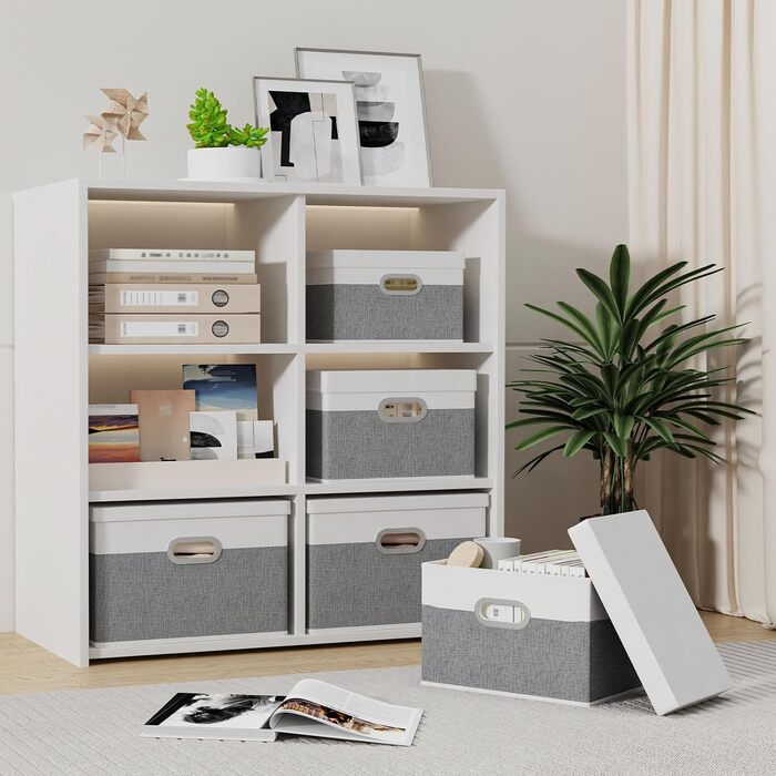 Yawinhe 3-Piece Storage Boxes with Lids, Foldable Fabric Box with Handles, Storage Boxes, for Bedroom, Clothes Storage, 32x23x20cm, SNK023G-3 (32x23x20cm/3-Pack, White/Gray)