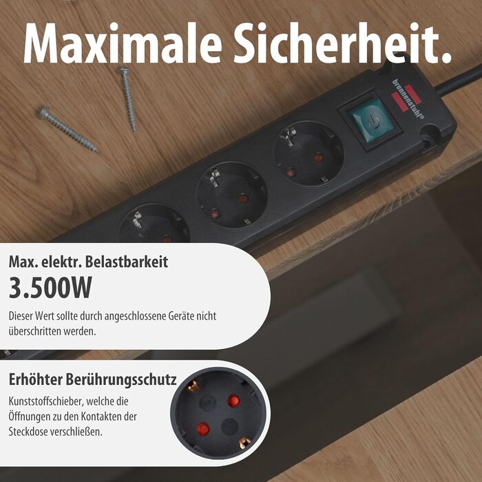 Смуга розеток Brennenstuhl Bremounta 5-fach з USB-C та вимикачем, чорна (для монтажу на стіну, 2x USB-C, 3м кабель)