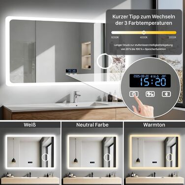 Дзеркало для ванної кімнати LUVODI з підсвічуванням 100x70 см: годинник, температура, дата, проти запотівання, регулювання яскравості, 3 кольори світла, функція пам'яті, LED, водонепроникність, збільшення 3x, Bluetooth