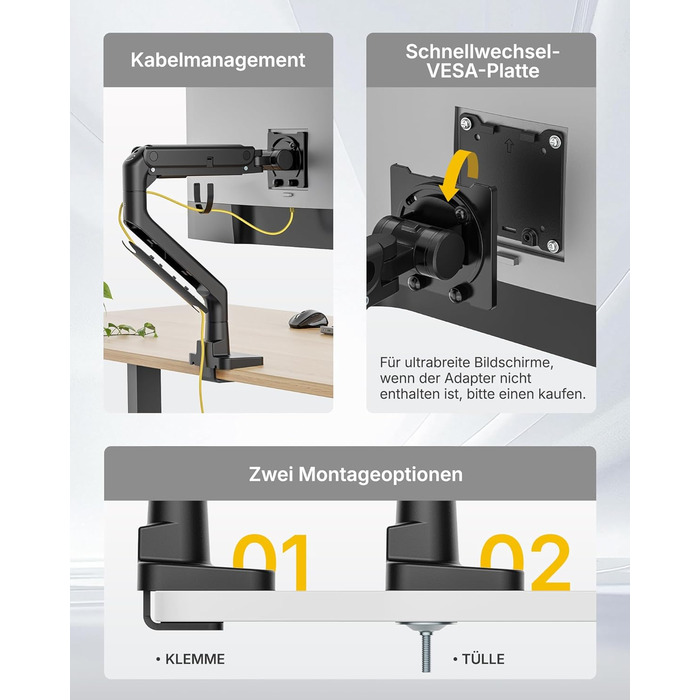 Кронштейн для монітора monTEK з газліфтом для екранів 17-57 дюймів, посилений настінний тримач до 27 кг, VESA 75/100 мм, з USB-портами (чорний)