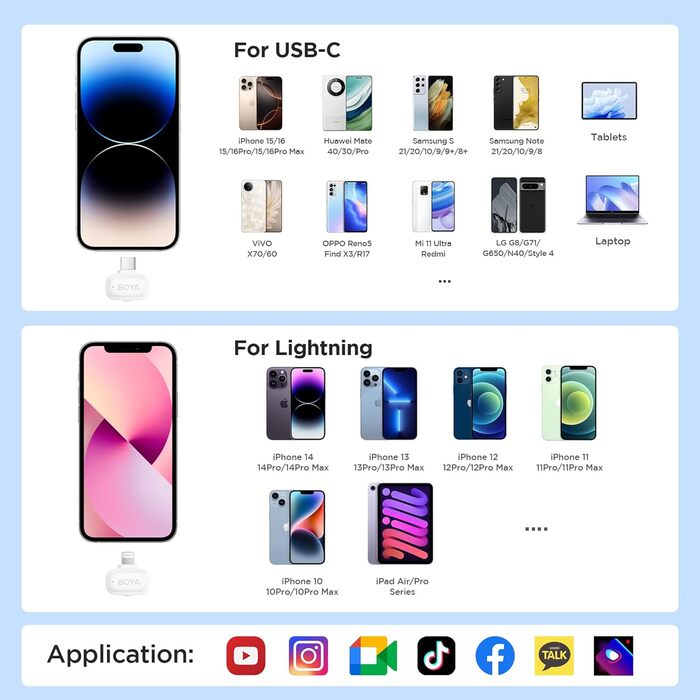 BOYA Mini 2: Бездротовий петличний мікрофон для iPhone 15/16/17 та Android (USB-C), 48kHz/24Bit, для Vlogging та TikTok, білий