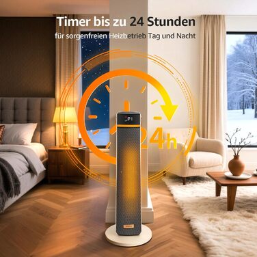 Електричний обігрівач Aigostar 2000W з пультом керування, ECO-режим, PTC кераміка, таймер 24год, тихий, осциляція 75°, 4 режими, захист від перекидання та перегріву, білий