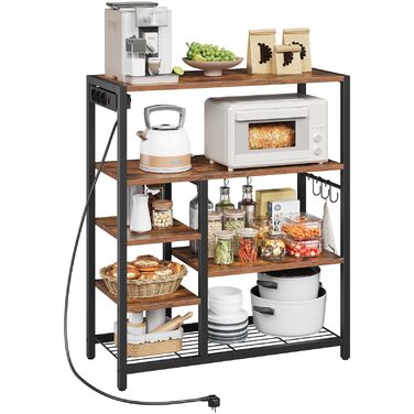 HOOBRO Поличка кухонна з розеткою (3 розетки з вимикачем), підлогова, для мікрохвильової печі з 3 знімними S-гачками, 5 ярусів, для кухні та вітальні, вінтажний коричневий та чорний колір, EBF25CHB01