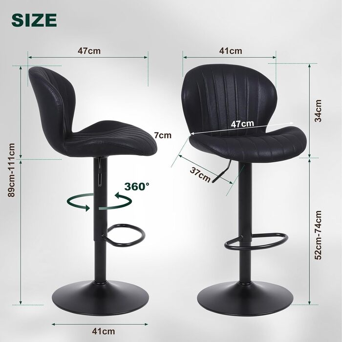 Набір з 2 барних стільців Ralex-Chair Moderne - регульована висота, оббивка з алькантари, чорний колір