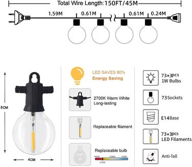 ZOTOYI LED String Lights Outdoor 45M, LED String Lights Bulbs Outdoor with 73+3 G40 Bulbs (3 Replacement Bulbs), IP65 Waterproof Outdoor String Lights Bulbs for Indoor Decoration Outdoors, Party, Festival