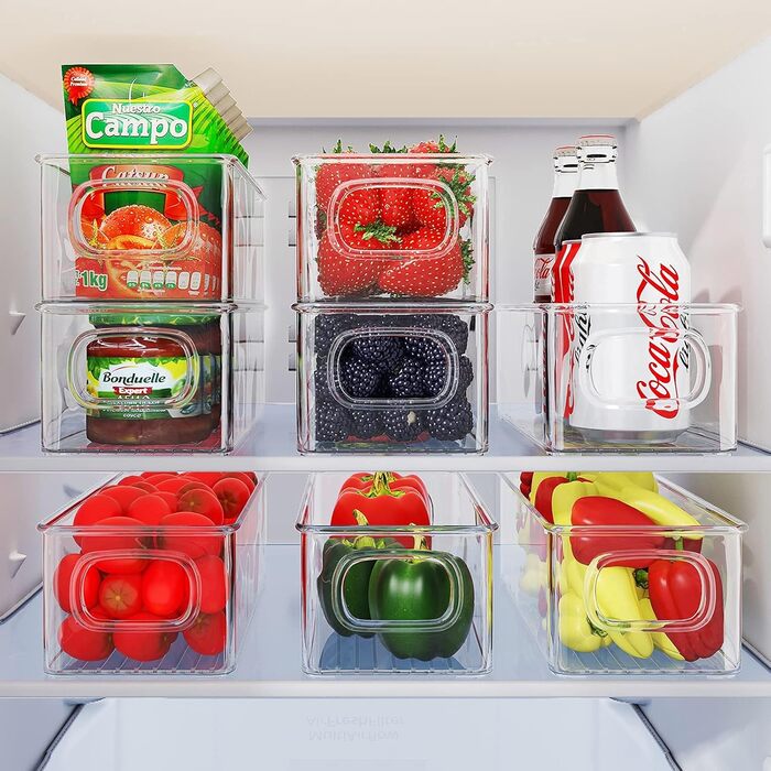 FINEW Refrigerator Organizer 8-Piece Set, Stackable Storage Boxes, Small Refrigerator Boxes with Handle, Transparent Containers for Kitchen, Cabinets, Freezer, Pantry - BPA Free