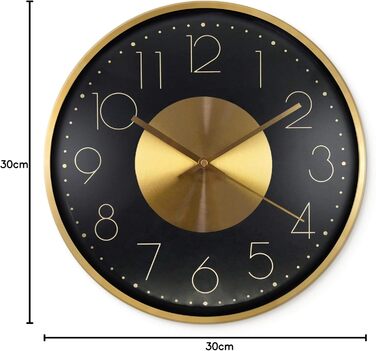 Modern Silent Aluminum Wall Clock 30 cm Diameter without Ticking Sounds for Living Room, Bedroom and Office (Gold Black)