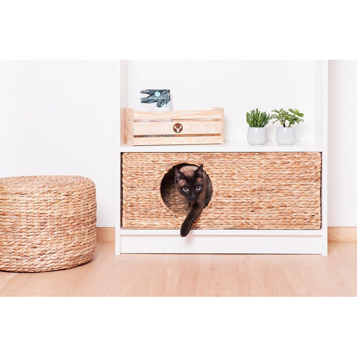 Cat basket for Billy shelving unit, natural cat basket, cat cave, small animals, rabbits, guinea pigs, cave, 75 x 29 x 25 cm. Material: Woven water hyacinth.