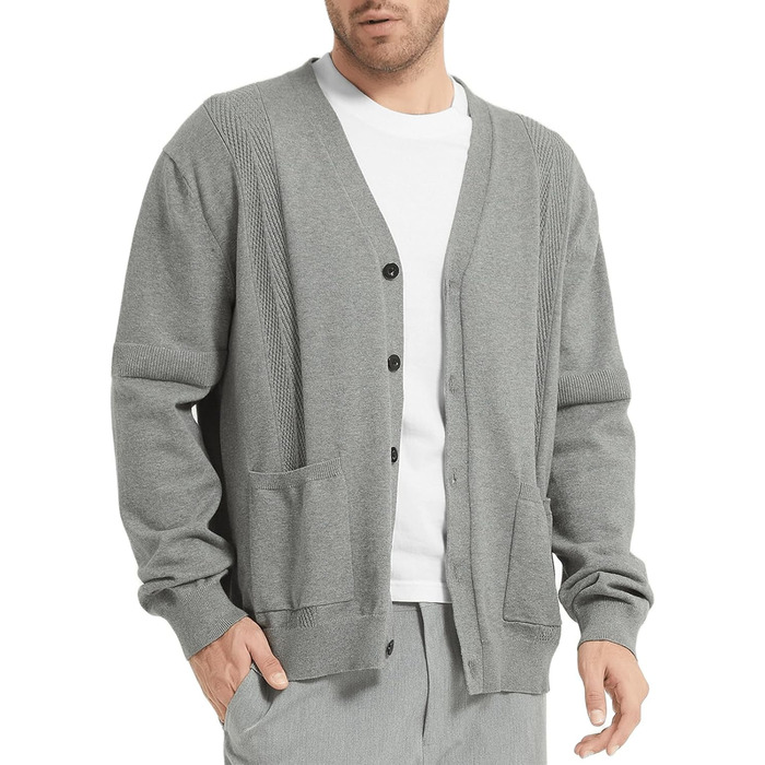 Чоловічий кардиган з в'язаного полотна, V-подібний виріз, бавовна, з ґудзиками та кишенями (сірий, M)