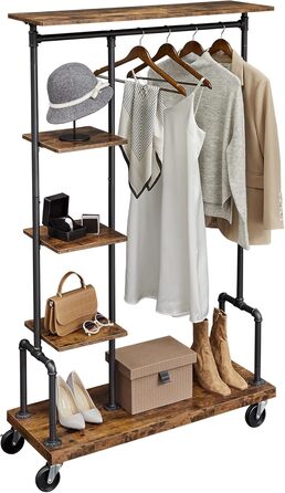 VASAGLE Clothes Rack on Wheels, Coat Rack, Clothes Rail with 5 Shelves, 40 x 103.5 x 174.5 cm, Industrial Design, Steel Frame, Vintage Brown-Black HSR66BXV1