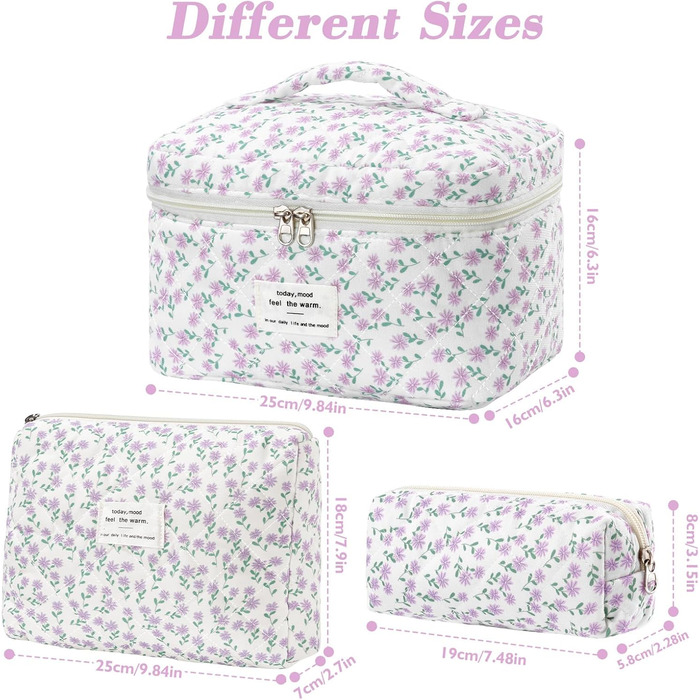 Набір косметичок 3 шт. з квітковим принтом для жінок та дівчат | Косметичка для подорожей та повсякденного використання | Набір косметичок з вишивкою (фіалково-павлинний)