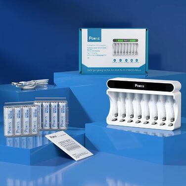 Зарядний пристрій POWXS для акумуляторів Ni-MH/Ni-Cd AA/AAA, 8 слотів, LCD-дисплей, USB/Type-C