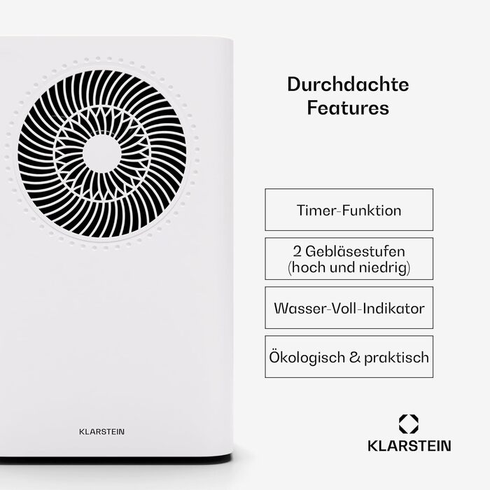 Зволожувач повітря Klarstein CircleDry 12L Smart з Wi-Fi, тихий (38dB), таймер 24г, безперервна злив, контроль вологості, для приміщень до 24м², білий