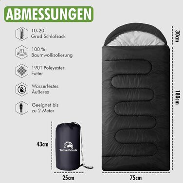Спальний мішок 210 x 75 см - ковдровий, 3-4 сезони, для відпочинку на природі, кемпінгу, подорожей, гірських хат. Легкий, портативний, чорний, з сумкою для перенесення.