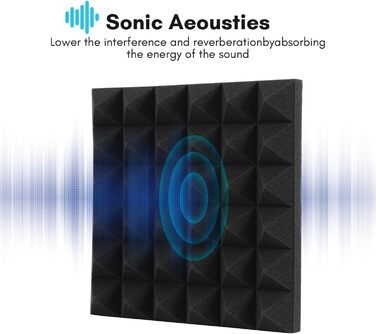 Акустичний поролон самоклейний Sonnewelt, 24 шт. (5x30x30 см), 3D пірамідні панелі для звукоізоляції та поглинання ехо в студію, офіс, чорний