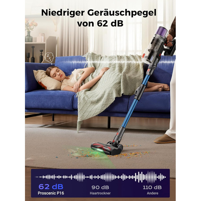 Бездротовий пилосос Proscenic P16 з акумулятором, 55 кПа, 550 Вт, 65 хв, гнучкий гофрований з'єднувач, GreenEye, щітка Anti-Tangle, для килимів, твердих поверхонь, шерсті домашніх тварин, автосалонів, блакитний