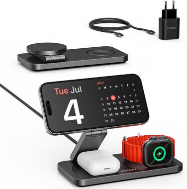 Зарядний пристрій Voomy 3-в-1 з індукційною зарядкою, сумісний з MagSafe, для iPhone, AirPods та Apple Watch, 15W, складний, швидка зарядка, з USB-C кабелем та адаптером (Чорний, Алюміній)