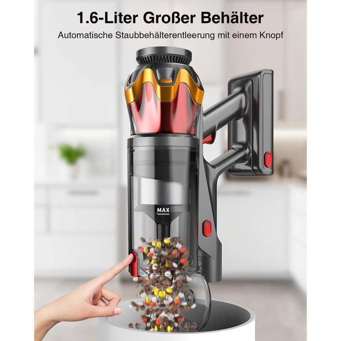 Бездротовий акумуляторний пилосос 45000Pa/550W/65хв, об'єм 1,6л з дисплеєм, антизаплутана щітка, самостійна парковка, док-станція на стіні, 8-шарова фільтрація, тихий, для шерсті тварин/килимів/твердих поверхонь/автомобіля (червоний)