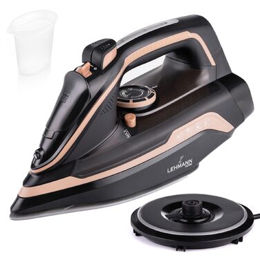Парове прасування LEHMANN бездротове з базою для зарядки, регулювання температури та 5 програм, керамічна підошва, вертикальний пар, автовимкнення, чорний/рожеве золото